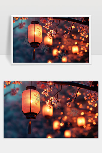 柔和灯光映衬下的樱花夜晚美景