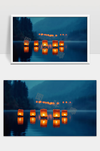 宁静湖面上的点点灯笼映照夜晚美丽景色