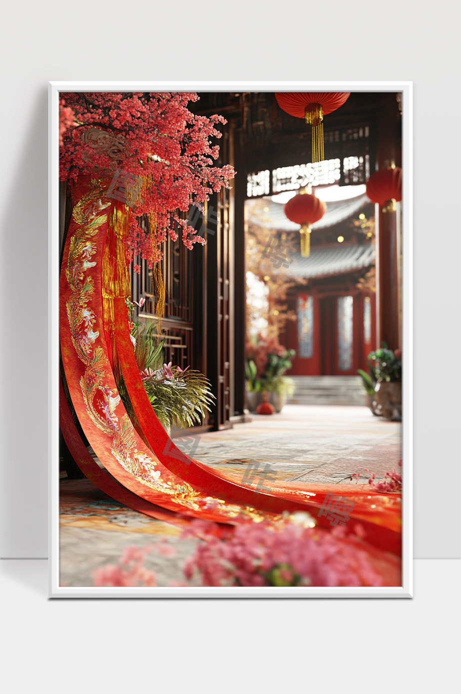 传统中式建筑内红色喜庆装饰与盛开的花朵景象