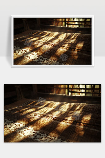 阳光洒在编织木制桌面上的温暖光影