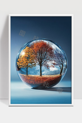 水晶球中秋天森林树木季节变换美景