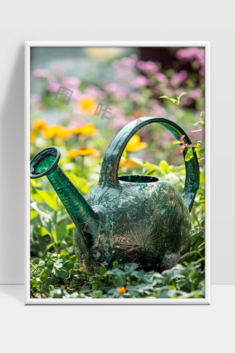 绿色浇花壶静置花园中晨光映照自然美景