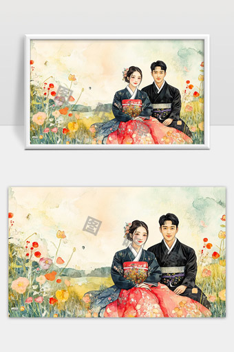 唯美古风情侣花海中浪漫写真温馨画面