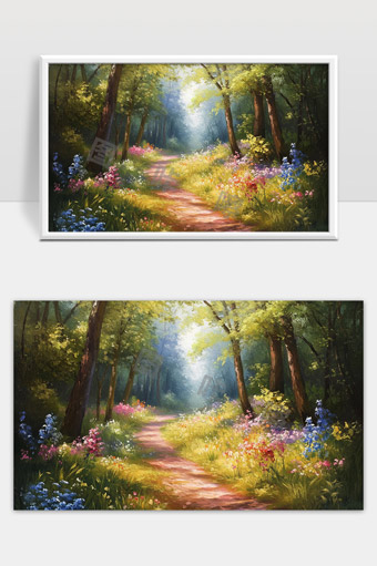 阳光穿透森林花丛中小径的宁静美景