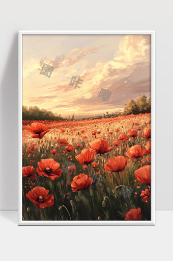 夕阳下绽放的红色罂粟花海美丽田园风光