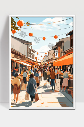 古镇街道人流穿梭文化风情市集热闹场景