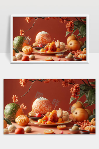 橘色调传统中国节日美食摆盘和花卉装饰