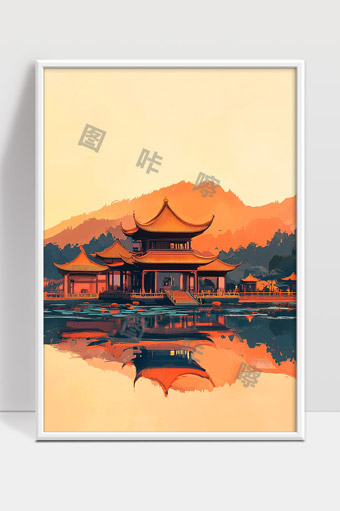 夕阳映照下的古典江南水乡建筑美景