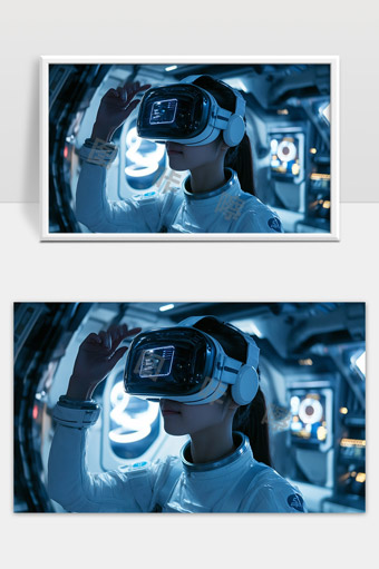 未来科技感虚拟现实头盔中的宇航员探索太空世界