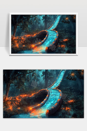 神秘森林中的发光魔法河流与曲折石桥