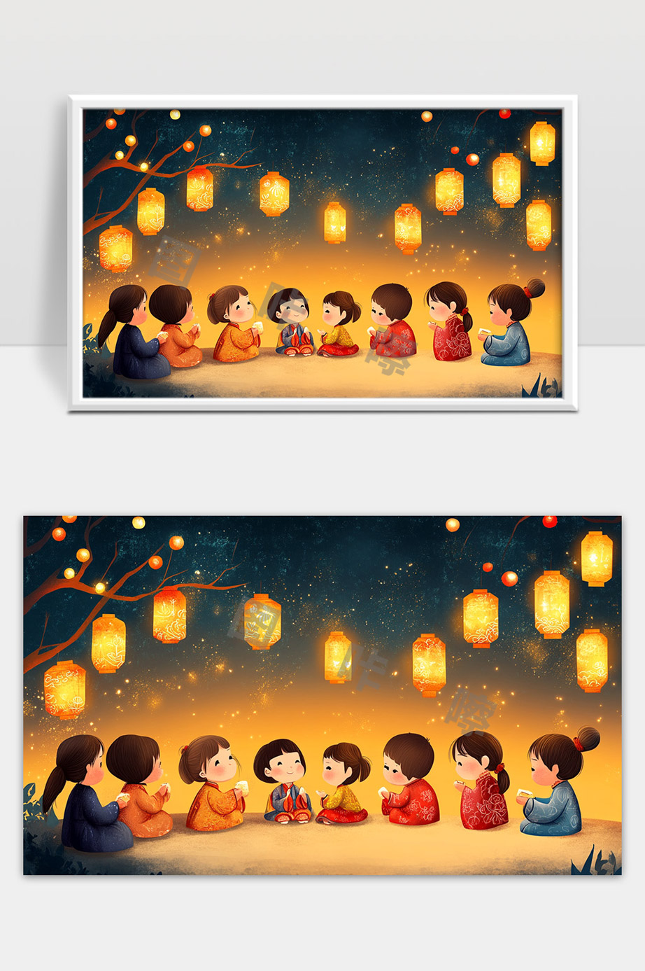 儿童夜晚赏灯共度中秋团圆美好时光