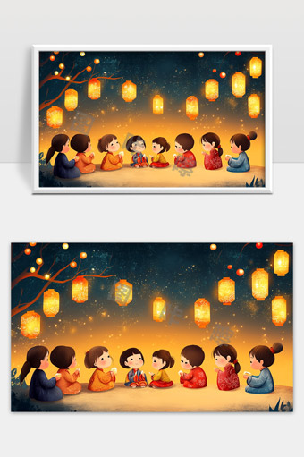 儿童夜晚赏灯共度中秋团圆美好时光