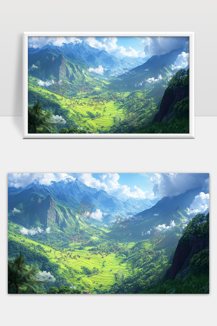 壮丽山谷中的绿色梯田与蓝天白云美景