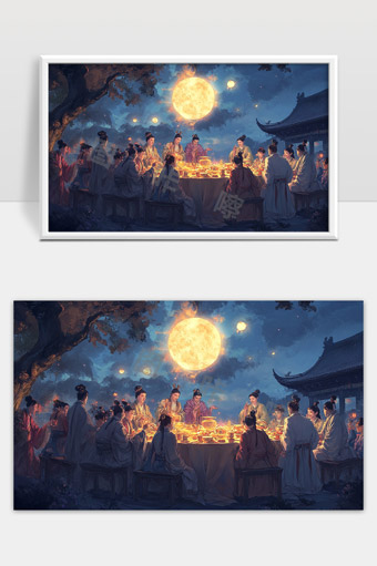 古代中秋赏月团圆宴夜景盛大场面