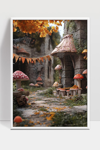 童话森林中的蘑菇小屋秋天童话世界奇幻景观