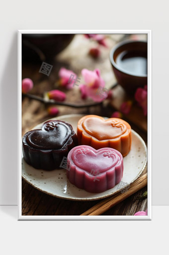 精致心形多色月饼搭配茶艺的唯美糕点摆盘