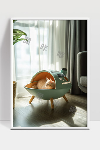 阳光房间里的现代宇宙飞船猫窝温馨宠物休憩空间
