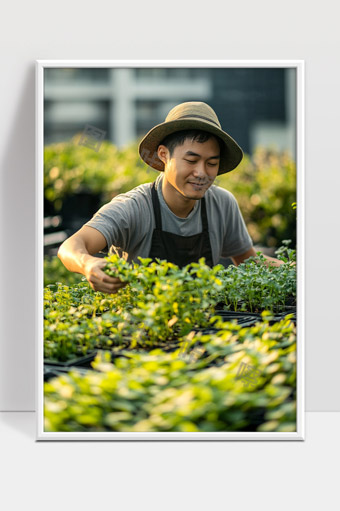 阳光下年轻园艺师在城市农场精心照料植物