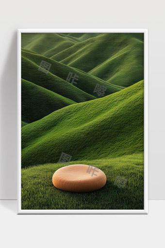 青翠起伏的山丘和圆形木质座椅自然美景