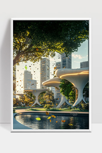 现代城市绿地中的未来科技建筑与自然融合景观