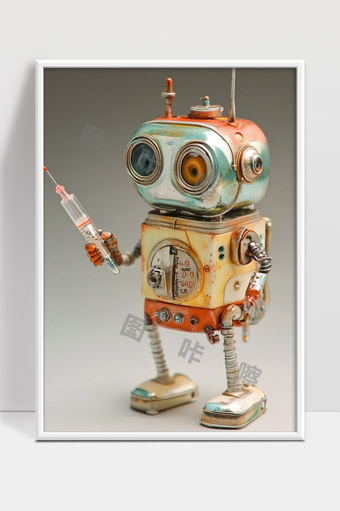 复古风格机械机器人手持注射器未来科技艺术品