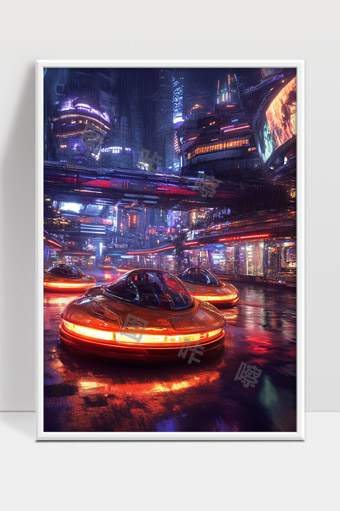 未来都市飞行汽车穿梭霓虹灯下夜景繁华街道