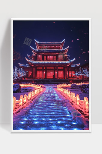 夜晚灯光映衬下的古建筑雪景美丽如画