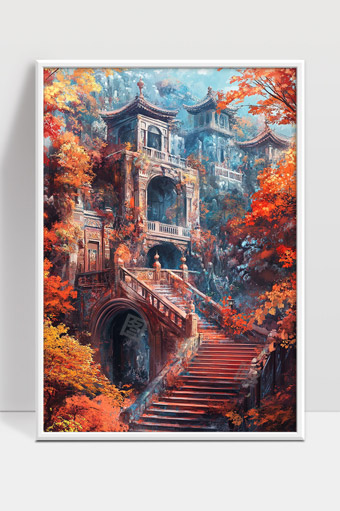 秋日古建筑阶梯蒙蒙雾气中的唯美景致