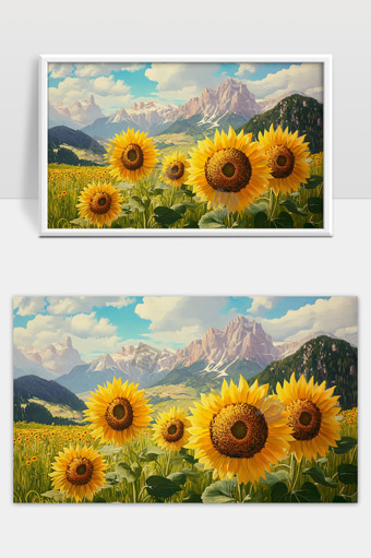 壮丽山脉与阳光下盛开的向日葵花海美景