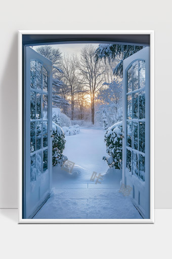冬日初晨雪景透过敞开门窗的自然美景