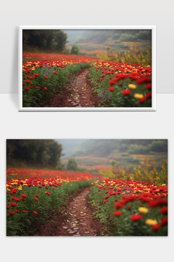 乡村小路两旁绽放的红色花海迷人春日景象