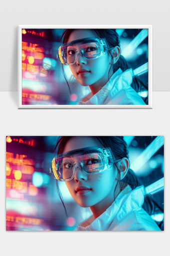 未来科技风格女性科学家穿戴智能眼镜深度思考