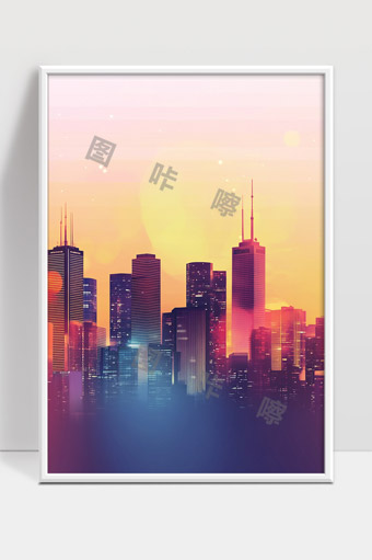 夕阳下现代城市高楼大厦美丽霞光映照景色