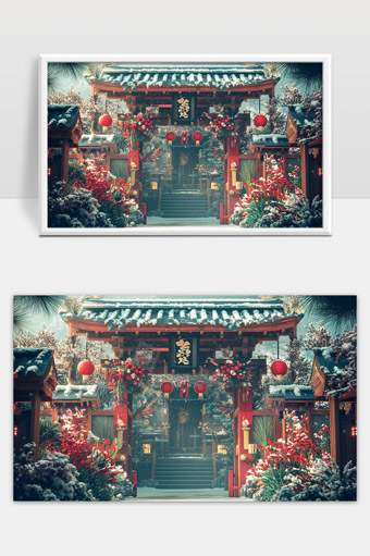 雪覆古刹红灯笼映照春节喜庆气氛