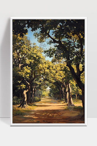 金色阳光洒落林间古树林荫小径