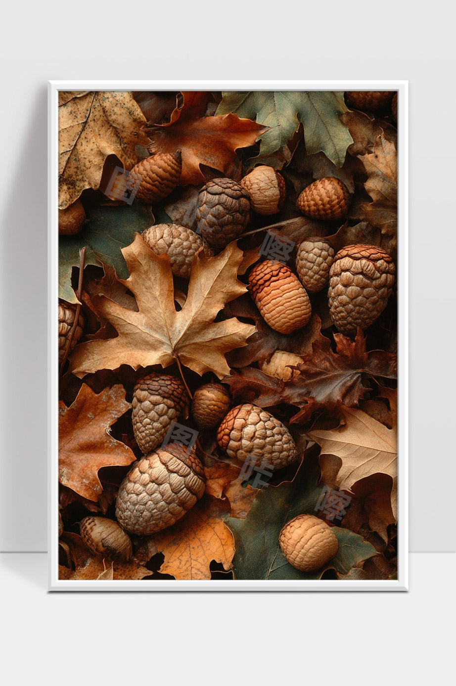 秋天落叶与橡实自然组合的温馨景象