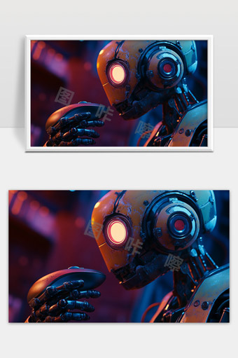 赛博朋克风格机械机器人手持未来智能设备特写