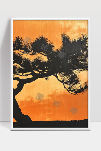 夕阳映照下的松树剪影景色唯美自然