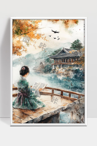 古风女子秋日桥上阅读江南水乡美景
