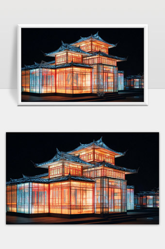 夜晚灯光映衬的传统中式古建筑艺术展示