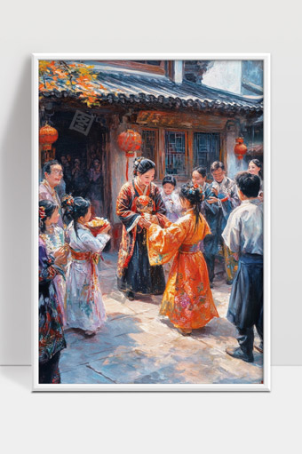 传统节日里一家人欢聚古镇喜庆场景