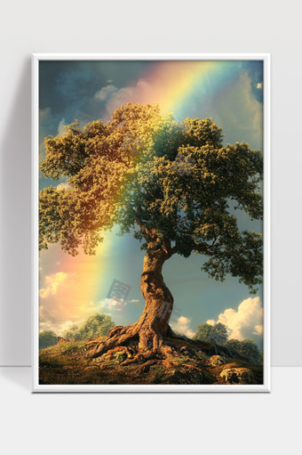 夕阳下大树与绚丽彩虹交相辉映的美丽景象