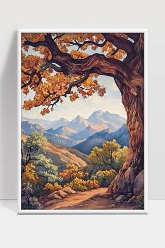 壮丽秋日山间古树映照自然风光