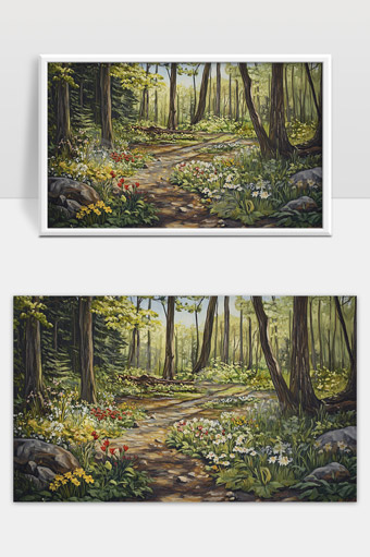 春日森林小径上的野花与阳光交织美景