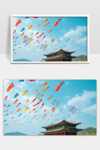 晴空下蓝色天空中五彩风筝飞舞古建筑与山景相映成趣