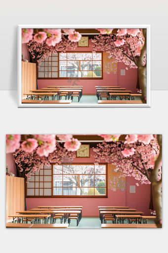 樱花环绕的日式教室春天美景唯美静谧环境