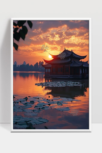 夕阳映照下的古典江南水乡建筑美景