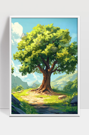 阳光照耀下郁郁葱葱的大树与山间小路风光