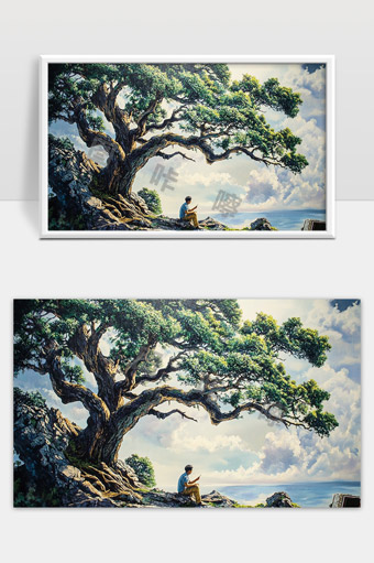 苍劲古树下静坐青年远眺海景自然风光