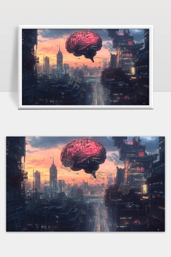 未来科技城市中悬浮人脑象征智能与科技融合发展